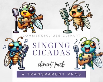 Pode incluir: Um conjunto de quatro imagens de clipart digital que apresentam cigarras de desenhos animados cantando com microfones e guitarras. As cigarras são verdes, azuis e amarelas com olhos grandes e sorrisos. O texto "Singing Cicadas clipart pack 4 transparent PNGs" é exibido abaixo das imagens.