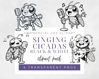 Pode incluir: Quatro ilustrações em preto e branco de cigarras cantando. Uma cigarra segura um microfone, outra um violão e as outras duas microfones. As ilustrações estão sobre um fundo branco com o texto "Singing Cicadas Black & White clipart pack 4 Transparent PNGs" em roxo.
