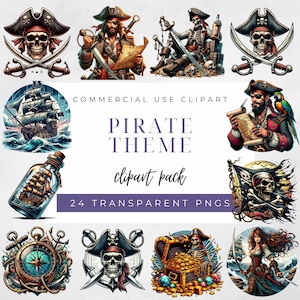 Clipart thème pirate, clipart pirate, carte pirate, Jolly Roger, usage commercial, clipart bateau pirate, 24 PNG 300 dpi, tête de mort