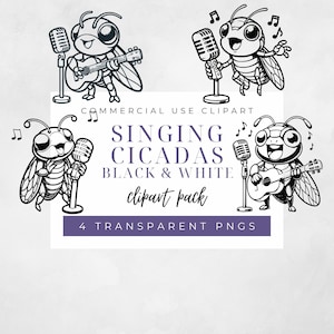 Black & White Singing Cicadas Clipart, Cute Cicadas singing with microphones, Commercial Use, Cicada Clipart, 4 PNG 300 dpi, Cute Cicada PNG