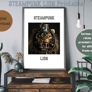 Steampunk Lion Printable Wall Art- Instant Download - Steampunk Animals - Lion, Download Printable Steampunk Artwork