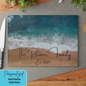 Personalized Ocean Shore Glass Cutting Board, Custom Charcuterie, Serving Board, Wedding Gift, Housewarming Gift, Anniversary Gift