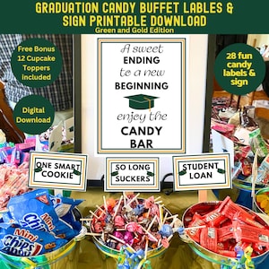 Graduation Candy Buffet Sign and Labels Printable, Green Gold Candy Bar sign with 28 labels, Green & Gold, Candy Buffet Labels, Party Decor