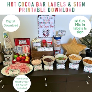 Hot Cocoa Bar Sign and Labels Printable, Christmas Hot Chocolate Bar sign & 28 labels, Christmas Party, Holiday Decor, Cold outside Hot Choc