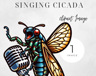 Pode incluir: Uma ilustração de desenho animado de uma cigarra cantando em um microfone. A cigarra é azul, verde e amarela com olhos vermelhos. O microfone é prateado e preto.