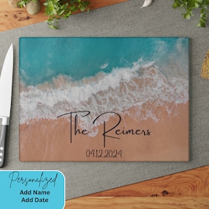 Personalized Ocean Shore Glass Cutting Board, Custom Charcuterie, Serving Board, Wedding Gift, Housewarming Gift, Anniversary Gift, Ocean