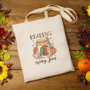 Book Lovers Tote Bags, Librarian Gifts, Fall Reading Is My Jam Tote Bag, Shopping Bag, Teacher Tote Bag, Library Book Bag, Autumn