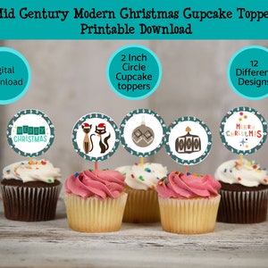 Mid Century Modern Christmas Cupcake Topper Printable Download, 12 designs, 2 Inch each Party favor tags, cake decor, MCM Christmas decor