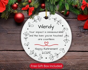 Personalized Ceramic Retirement Ornament, Custom Name Retirement Christmas Ornament, Retirement Gift, Coworker Retirement Gift Flower Wreath