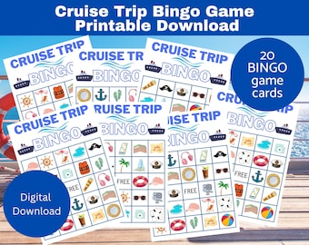 Juego de bingo de crucero: 20 cartones de bingo únicos para entretenimiento en viajes sin fin, actividad de bingo de viaje en crucero, descarga instantánea, juegos de cruceros