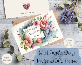 Mother's Day Card Printable, Instant Download, 5x7 and 8.5x5.5, Happy Mother's Day Card, Printable Mother's Day Card, Watercolor Floral, PDF