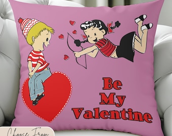 Cute Retro Be My Valentine Pillow, Valentine's Day Decor, Romantic Home Accent, Heart Throw Cushion, Love Gift, Decorative Sofa Pillow
