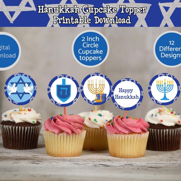 Hanukkah Cupcake Topper Printable Download, 12 designs, 2 Inch each Party favor tags, cake decor, Hanukkah Decor, Hanukkah donut topper