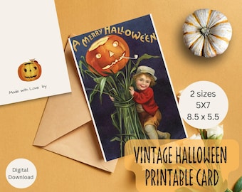 Puede incluir: Tarjeta imprimible vintage de Halloween con un niño sosteniendo una calabaza con una pipa. La tarjeta tiene el texto "A Merry Halloween" y está disponible en dos tamaños: 5x7 pulgadas y 8,5x5,5 pulgadas.