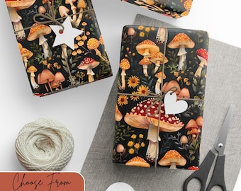 Mushroom Wrapping Paper, Cottagecore Gift Wrap, Botanical Woodland Wrapping Sheet, Toadstool & Wildflower Paper, Autumn Fall Gift Wrap