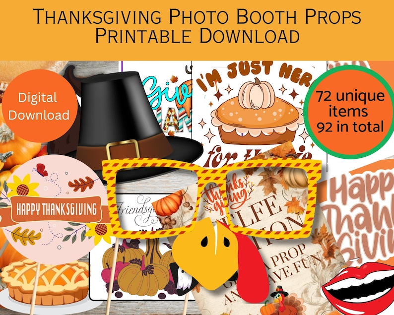 Thanksgiving Photo Booth Props Printable Download, DIY Props, Friendsgiving, faces, signs, lips, Fun Photo, Thanksgiving Party props, Selfie image 1