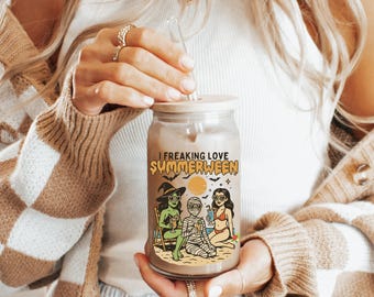 I Freaking Love Summerween 16oz Glass Tumbler, Cute Spooky Halloween in July tumbler, Retro Monster Girl Summer, Halloween Decor Coffee Gift