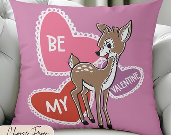 Cute Retro Be My Valentine Deer Pillow, Valentine's Day Decor, Romantic Home Accent, Heart Throw Cushion, Love Gift, Decorative Sofa Pillow