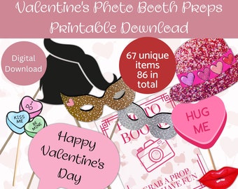 Valentines Party Photo Booth Props Printable Download - Instant - DIY Props - Valentines Day - Glasses, Hats, signs, lips, Hearts, Fun Photo