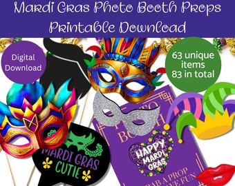 Mardi Gras Party Photo Booth Props Printable Download, Instant, DIY Props, Mardi Gras 2024, Mask, Hats, signs, lips, Fun Photo, Fat Tuesday