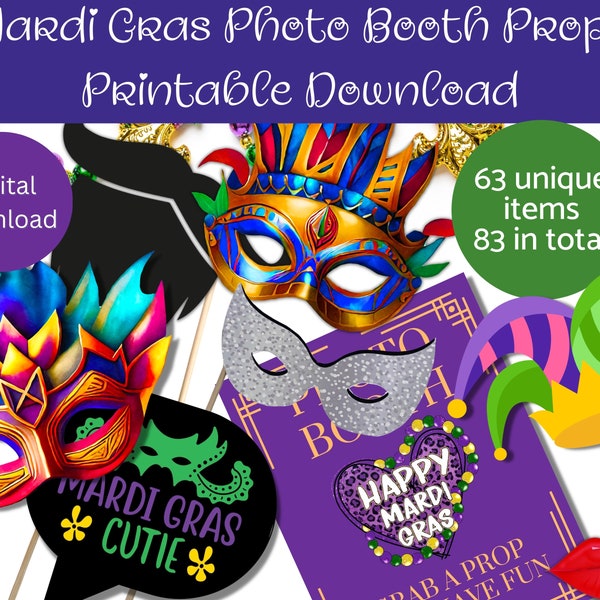 Mardi Gras Party Photo Booth Props Printable Download, Instant, DIY Props, Mardi Gras 2024, Mask, Hats, signs, lips, Fun Photo, Fat Tuesday