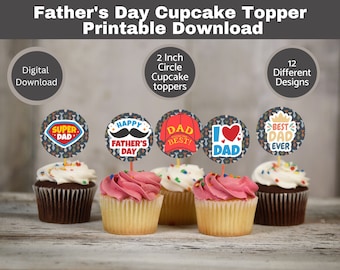 Fathers Day Cupcake Topper Printable Download, 12 designs, 2 Inch each Party favor tags, cake decor, Fathers Day decor, Dads day cake Topper