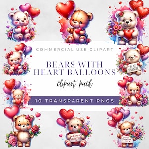 Ursos de aquarela com balões em forma de coração Clipart, Ursos fofos de dia dos namorados, Uso comercial, Clipart de dia dos namorados, 10 PNG 300 dpi, Balões de coração
