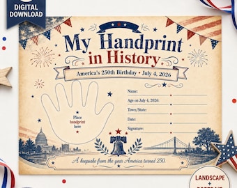 America 250 Handprint Keepsake Printable, My Handprint in History, July 4 2026 Kids Activity, 250th Birthday of America Memory Page
