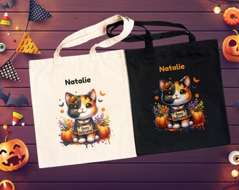 Personalized Halloween Cat Tote Bag, Custom Name Kids Halloween Tote, Natural or Black, Custom Trick or Treat Bag, Personalized Tote Bag