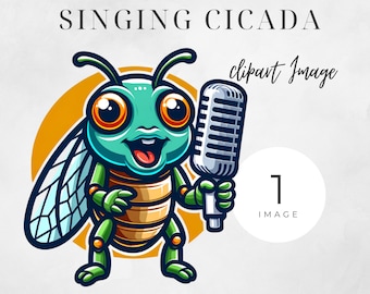 Pode incluir: Uma ilustração de desenho animado de uma cigarra verde segurando um microfone e cantando. A cigarra tem olhos grandes, um corpo listrado amarelo e marrom e um par de asas. O fundo é um círculo amarelo.