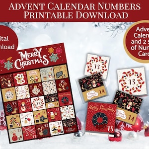 Calendrier de l'avent imprimable, numéros de calendrier de l'avent, avent, numéros de l'avent étiquettes, étiquettes, compte à rebours, compte à rebours des fêtes, compte à rebours de Noël