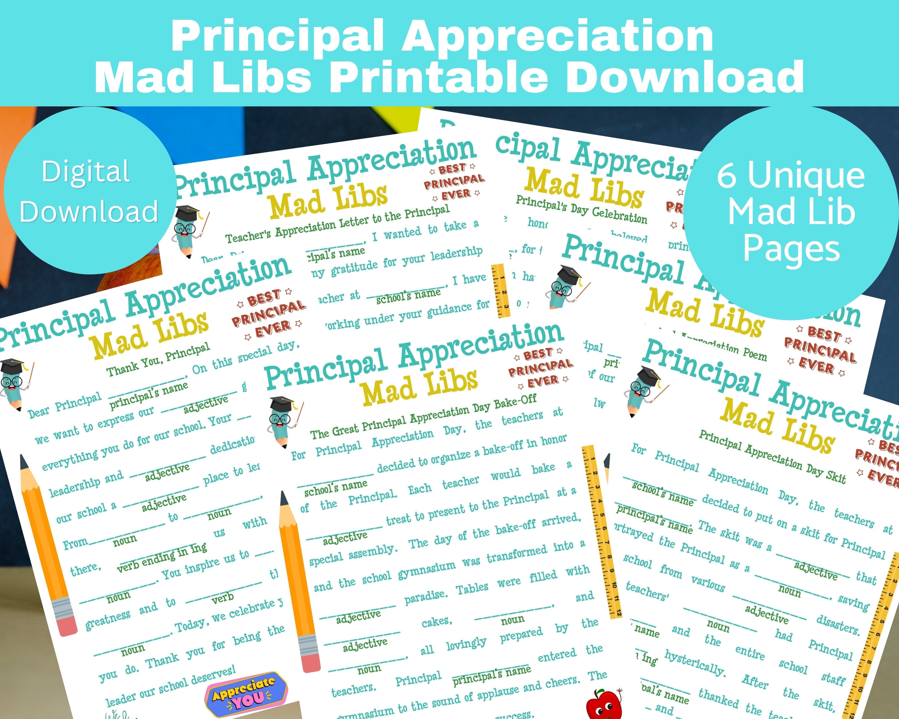 Principal Appreciation Mad Libs Printable, Party Games, Printable Download Game for Kids, Classroom, Youth Groups, Mad Libs for Principals