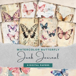 Watercolor Butterfly Junk Journal Pages, Vintage Printable Scrapbook Paper, Butterfly Ephemera, 6 Butterfly Junk Journal Printables, 300 DPI