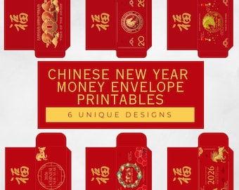 Chinesisches Neujahr Glück Umschlag Printables, 6 Rot Umschlag Designs, Mond Neujahr Umschläge, 2026 Jahr des Pferde Handwerks, Hóngāo