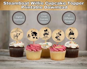 Steamboat Willie Cupcake Topper Printable Download, 12 designs, 2 Inch Each Party favor tags cake decor, Birthday Decor, Mickey and Minnie