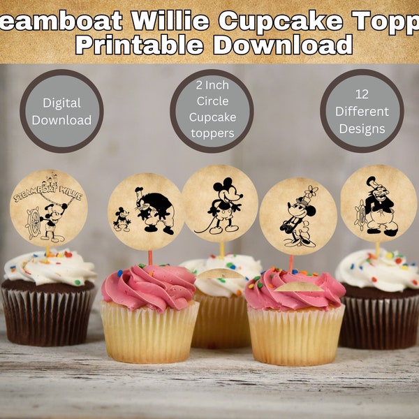 Steamboat Willie Cupcake Topper Printable Download, 12 designs, 2 Inch Each Party favor tags cake decor, Birthday Decor, Mickey and Minnie