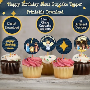 Happy Birthday Jesus Cupcake Topper Printable Download, 12 designs, 2 Inch, Party favor tags, cake decor, Nativity Cupcake, Christmas Decor