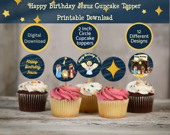 Happy Birthday Jesus Cupcake Topper Printable Download, 12 designs, 2 Inch, Party favor tags, cake decor, Nativity Cupcake, Christmas Decor