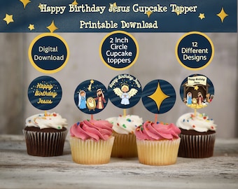Grattis på födelsedagen Jesus muffinstopper utskrivbar nedladdning, 12 designer, 5 cm, festfavoritetiketter, tårtdekor, julcupcake, juldekor