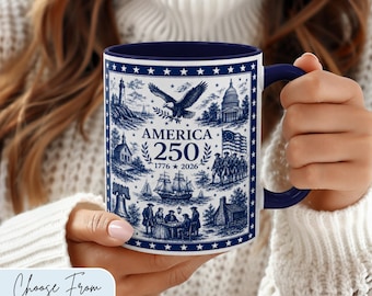 Personalized America 250 1776-2026 Centennial Commemorative Coffee Mug, Patriotic Blue Toile