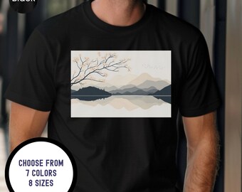 Japandi Minimalist Mountain Landscape Shirt, Nature Art Tee, Nature Gift T-Shirt, Aesthetic Mountain Scene Shirt, Calm Lake Reflection Tee