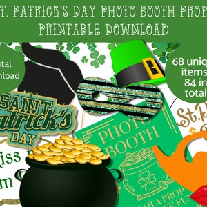 Puede incluir: Un conjunto de accesorios para fotomatón del Día de San Patricio. Incluye un bigote negro, un sombrero de duende verde, una máscara con borde dorado, una olla de oro y letreros con texto como "Saint Patrick's Day" y "Photo Booth". La imagen también indica "68 artículos únicos, 84 en total".