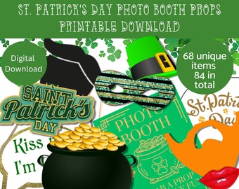 St Patricks Day Party Photo Booth Props Descarga imprimible, Accesorios DIY, Día de San Patricio, Sombreros, letreros, labios, Foto divertida, Día de San Paddys