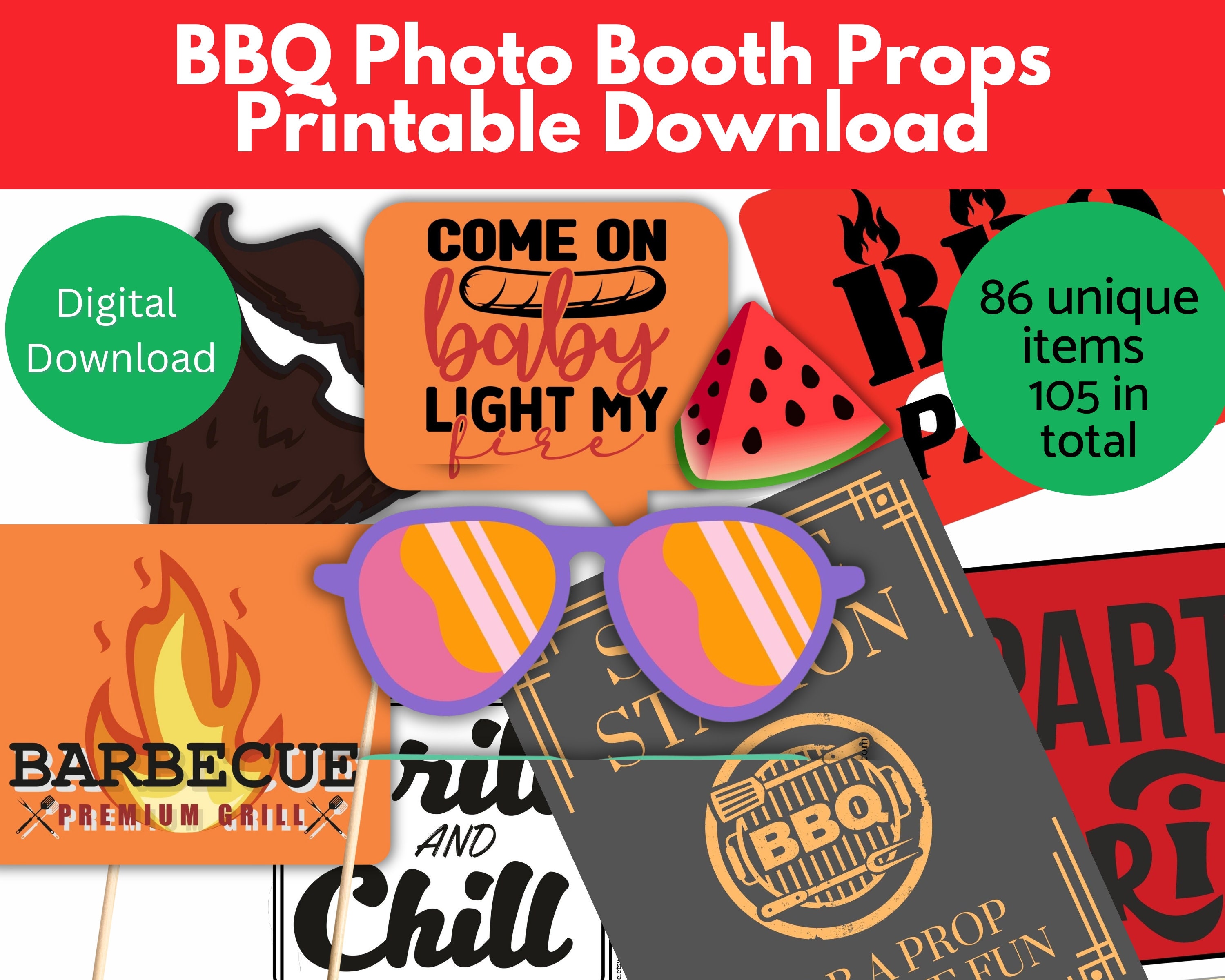 BBQ Photo Booth Props Printable Download, DIY Props, Backyard Grill