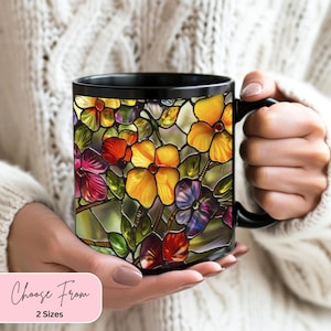 Floral Stained Glass Coffee Mug, Black Ceramic Mug, 11oz & 15oz, Colorful Flower Art Cup, Gift for Coffee Lovers, Aesthetic Drinkware