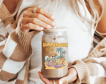 Summerween Vibes 16oz Glass Tumbler, Cute Spooky Halloween in July tumbler, Funny Retro Skeleton Drinkware, Halloween Decor Coffee Gift