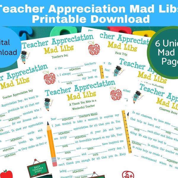 Teacher Appreciation Mad Libs Printable, Party Games, Printable Download Game for Kids, Classroom, Youth Groups, Mad Libs for Teachers
