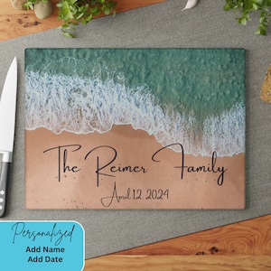 Personalized Ocean Shore Glass Cutting Board, Custom Charcuterie, Serving Board, Wedding Gift, Housewarming Gift, Anniversary Gift, Ocean