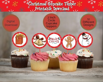 Christmas Cupcake Topper Printable Download, 12 designs, 2 Inch each Party favor tags, cake decor, Christmas Decor, Merry Christmas, Snowman