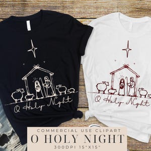 以下が含まれることがあります： クリスマス降誕シーンのデザインが施された、黒と白のTシャツ。 デザインには星、納屋、人物、羊が含まれており、「O Holy Night」の文字が入っています。 シャツのサイズは38cm x 38cmです。